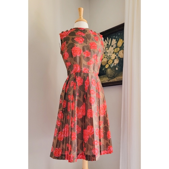 1950s Sleeveless Floral Boat Neck 50s Vintage Pleated Brown Red Pink Midi Dress - Picture 12 of 15
